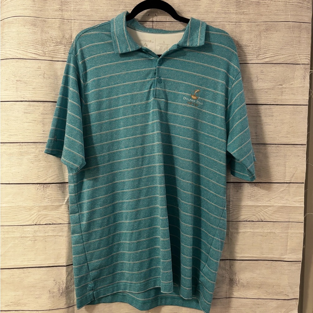 Antigua Blue Polo with White Stripes Branded Dolphin Head Golf Club